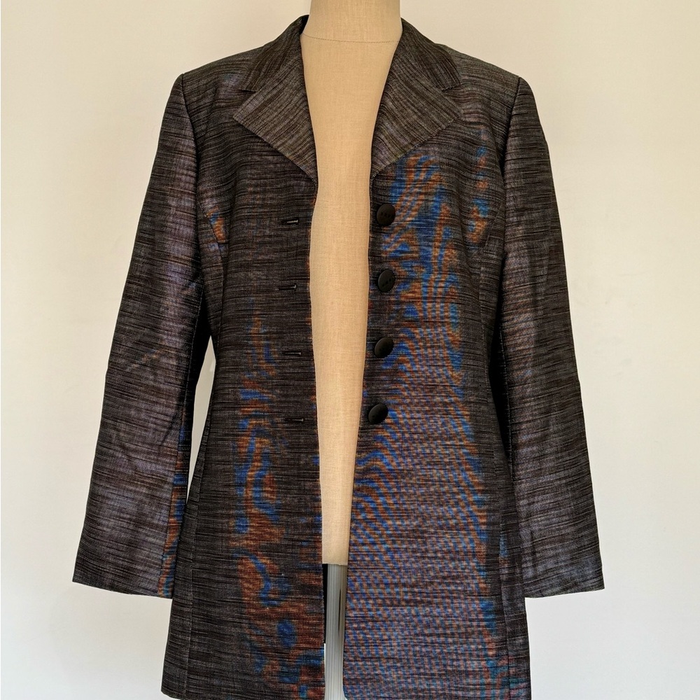Elements by ESCADA Black and Gray Woven Metallic Blazer with Notched Lapel